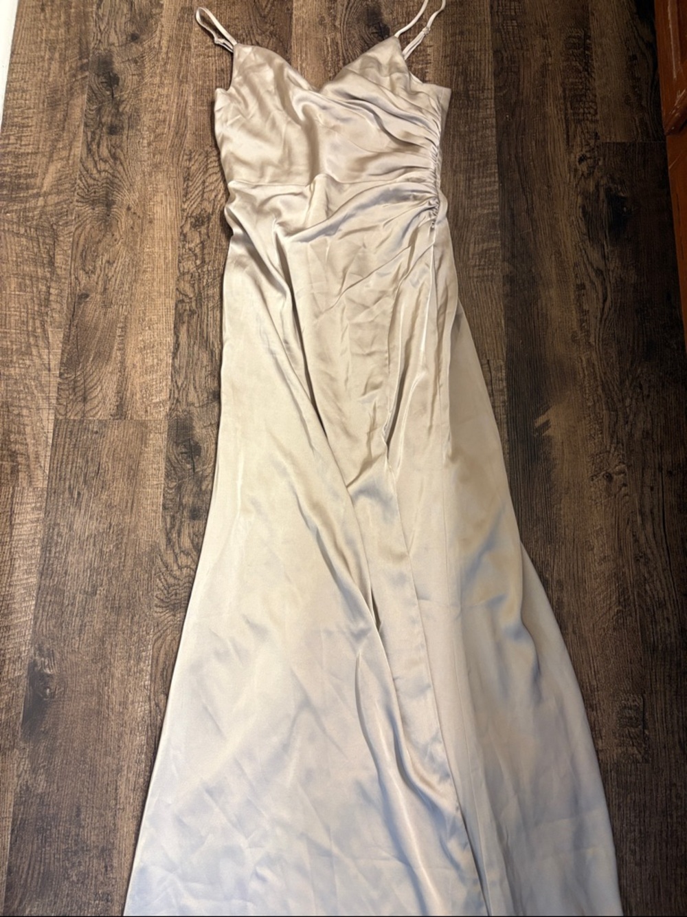 Birdy Grey Champagne Satin Ruched Spaghetti-Strap Maxi Gown Slit Prom Formal